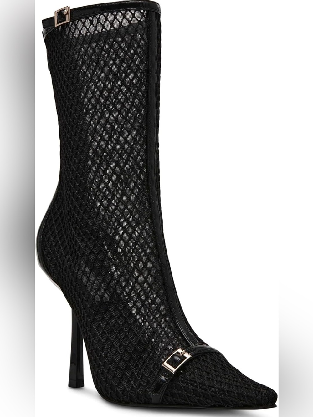 Steve Madden Black Mesh Sheer Pointed-Toe Stiletto Boot with Buckle Trim Size 7